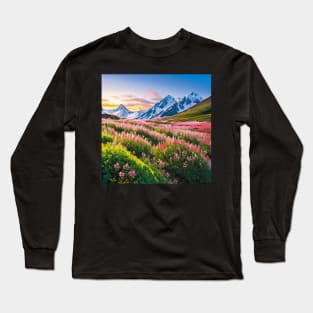 Field of Pink Flowers in Spring Long Sleeve T-Shirt